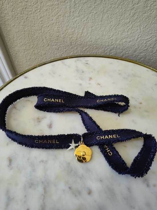CHANEL Other - CHANEL 38" Navy Gold Logo Frayed Boutique Ribbon w Limited Edition Charm